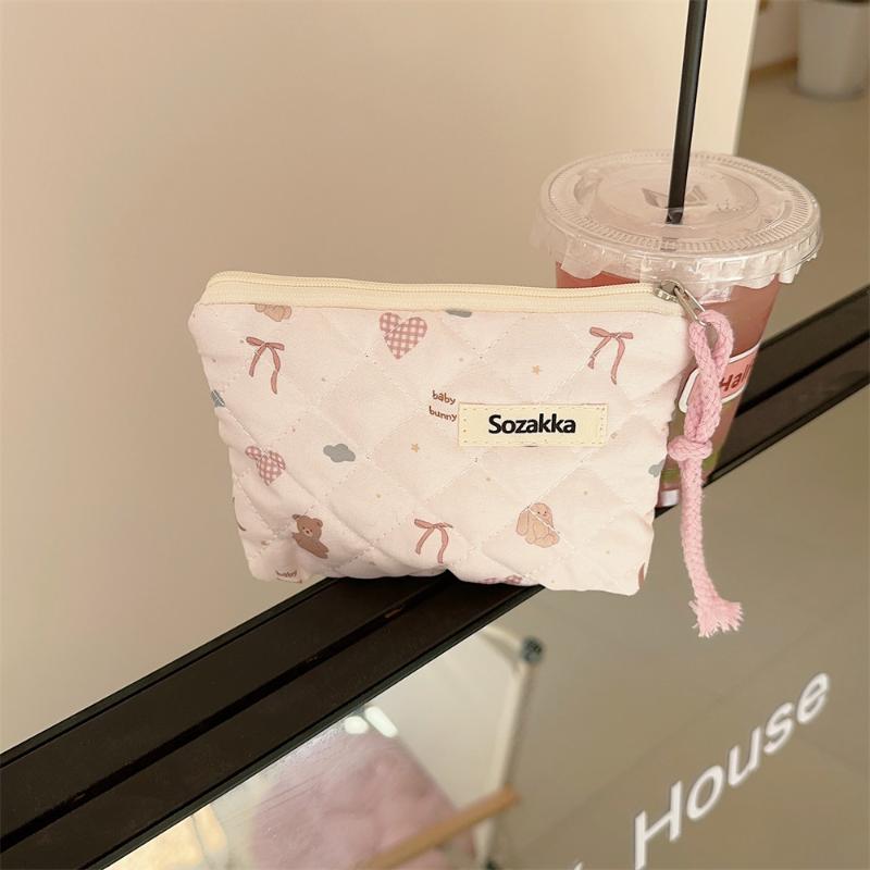 Cartoon Flower Square Cosmetic Bag Women Portable Earphones Lipstick Sanitary Napkins Storage Pouch Small Makeup Zipper Bags