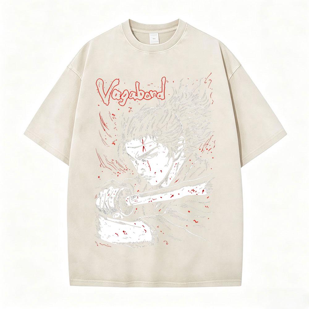 Japanese Anime Vagabond Miyamoto Musashi Vintage Washed Tshirts Men Women Clothing Fashion Retro Cotton Short Sleeve T Shirts