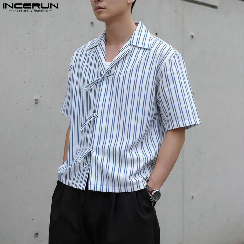 INCERUN Men Lapel Neck Short Sleeve Bow Knot Striped Casual Shirts Tops