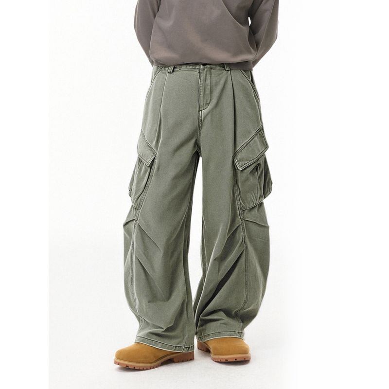 American-Style Streetwear Large Pocket Pleated Cargo Wide-Leg Pants Unisex 2025 Autumn Trendy Functional Outdoor Casual Long Pants