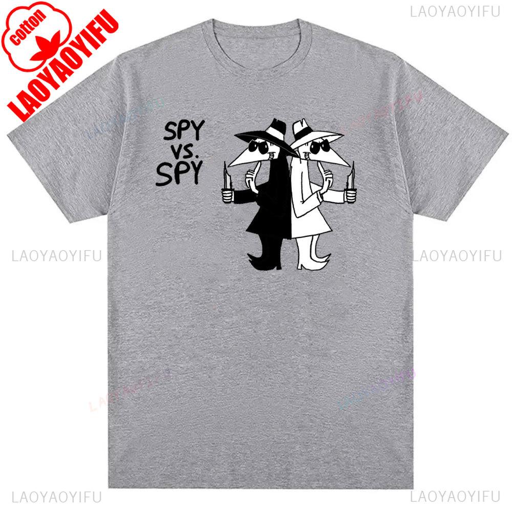 Mens Spy Vs Spy Graphic T Shirt Summer Cotton Crew Neck Retro 80s Cartoon Print Funny Humorous Vintage Style Fashion Tee Shirts
