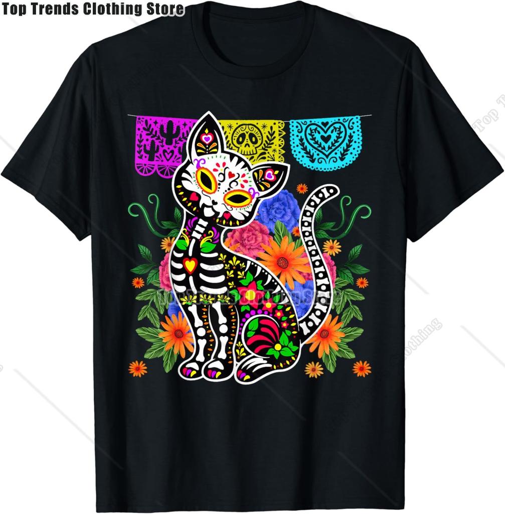 Cute Sugar Skull Cat Dia De Los Muertos Day of The Dead TShirt Mexican Summer Fashion Short Sleeved Tee TopsCasual Tshirt