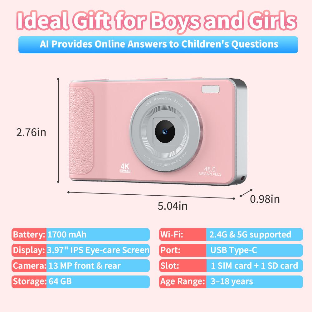 Kids' AI Card Digital Camera with Object Recognition, Dual-Band WiFi, Dual Cameras, Portable