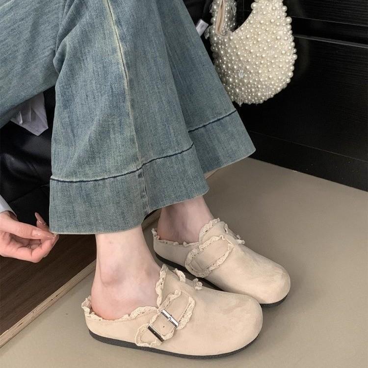 Lace edge design feels comfortable, soft bottom bag head drag women wear summer new retro one pedal