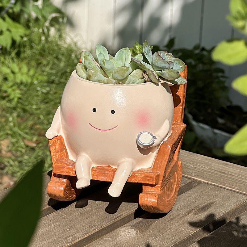 1PC Cute Ceramic Succulent Pot – Smiling Rocking Chair Style Mini Planter for Home Garden Decor