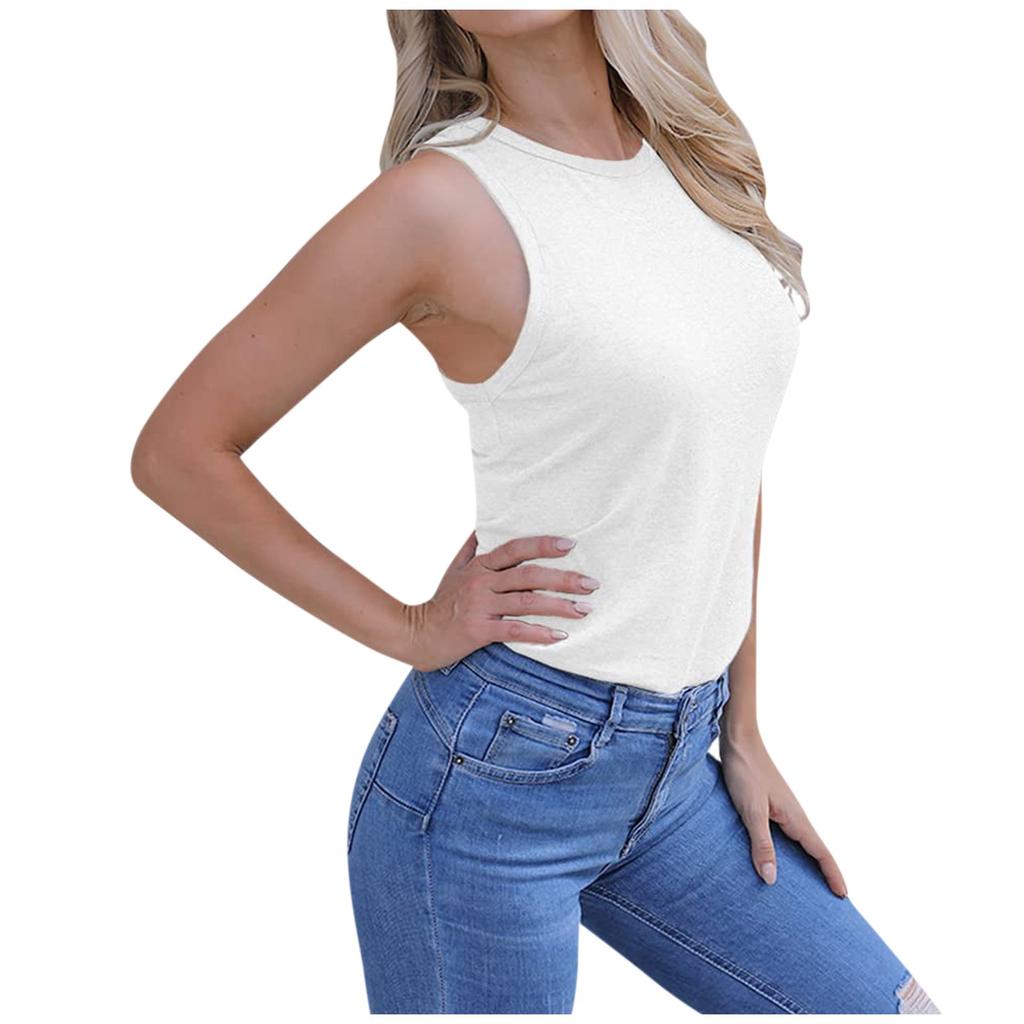 Womens Casual Round Neck Loose Solid Color Sleeveless Top T-shirt Blouse