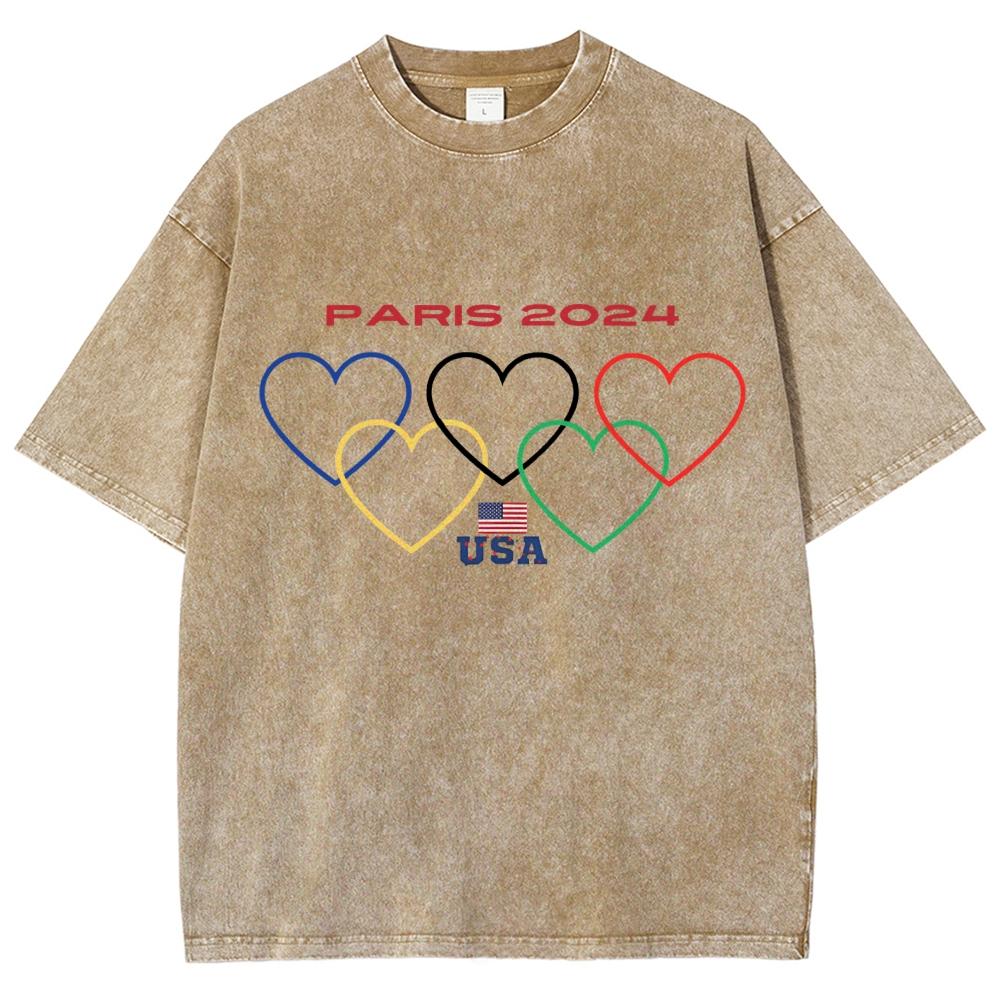 Five Colorful Hearts Print Women's T-Shirts Loose Wash Oversized Short Sleeve Trendy Brand Street  Tops