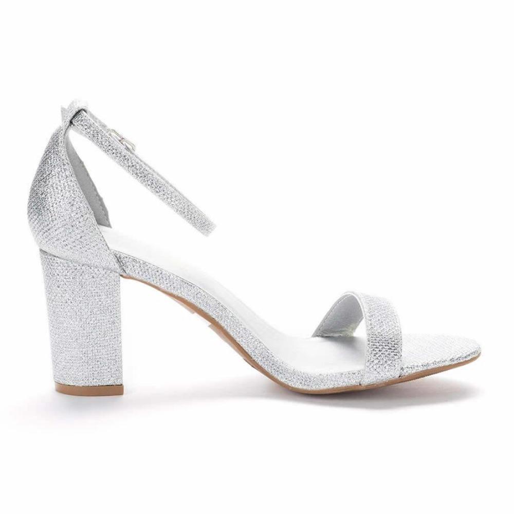 LOSLANDIFEN  Women's Chunk Low Heel Pump Sandals  Glitter PU