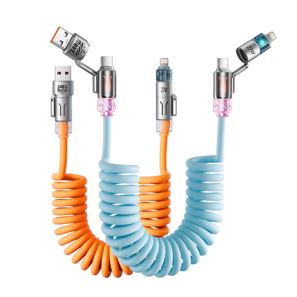 4 in 1 240W Spring Short Data Cable USB Type C Spring Telescopic Quick Charger Wire Spring USB Cable for iPhone 15 14 13 12