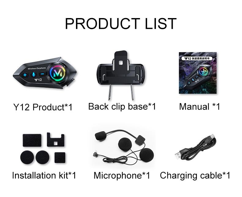 Y12 Dual Mic Motorcycle Helmet Headset Wireless Hands-free Call Phone Kit Waterproof MP3 Music Player Speaker FM Radio Earphone