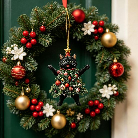 Cute Animal Tree Decor 2Pcs Christmas Cat Acrylic Ornament, 2D Flat Kitty Hanging Pendant with Holiday Party Supplies Santa Hat Decor, Car Rearview