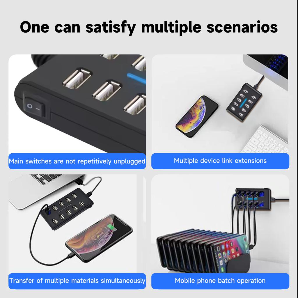 10-Port USB 2.0 Docking Station Portable Multi-Function Hub Hi-Speed Multi-Link USB Splitter for Mobile Phone Tablet