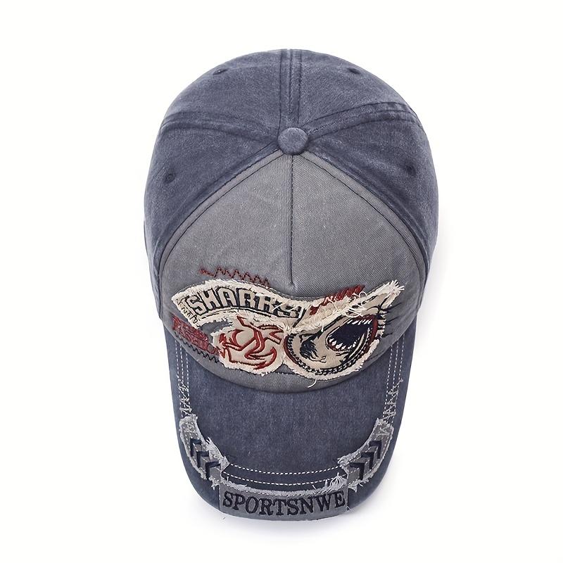 Vintage Washed Distressed Cap for Men Women, Spring Autumn Shark Embroidery Adjustable Baseball Hat
