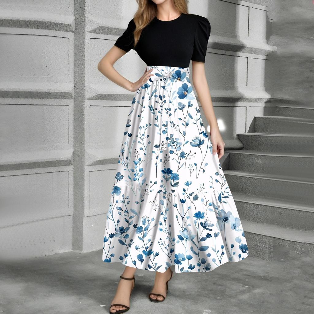 Women's Fashion Casual Belt Short Sleeve Round Neck Print Stitching Elegant Temperament Dress