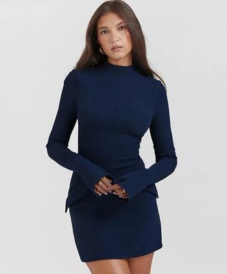Frauen Elegante Dunkelblau Mini Kleid Herbst Tasche Langarm Bodycon Kleider Dame Chic Party Club Robe