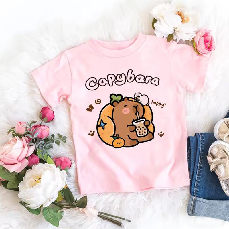 Girls Trendy Capybara Letter Print Design T Shirts Kids Children s T-shirt Boys Girls Summer Spring Casual Tops Tee 100