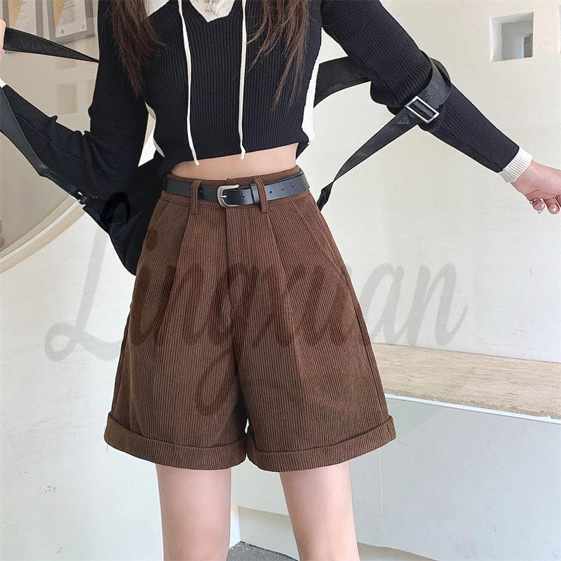 Corduroy Cuffed Straight Leg Shorts for Women - Autumn/Winter Loose Slimming Wide Leg Casual Pants