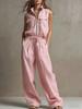 Women Sleeveless Stand Collar Front Zipper Pocket Drawstring Waist Wide Leg Set