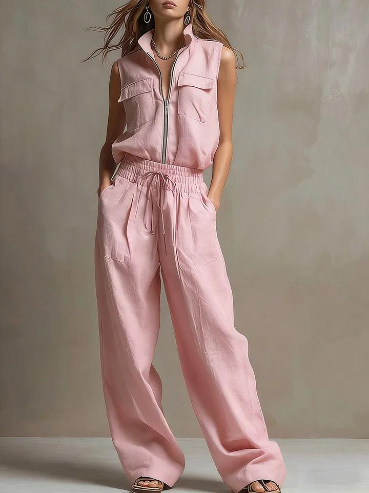 Women Sleeveless Stand Collar Front Zipper Pocket Drawstring Waist Wide Leg Set