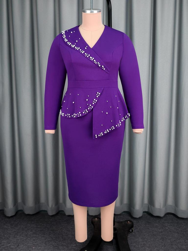 Beaded V-neck Waist-Cinched Long-Sleeve Banquet Midi Dress