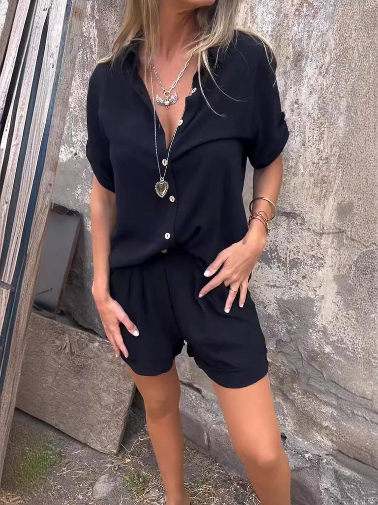 Summer New Cotton Linen Short Sleeve Shorts Set for Women