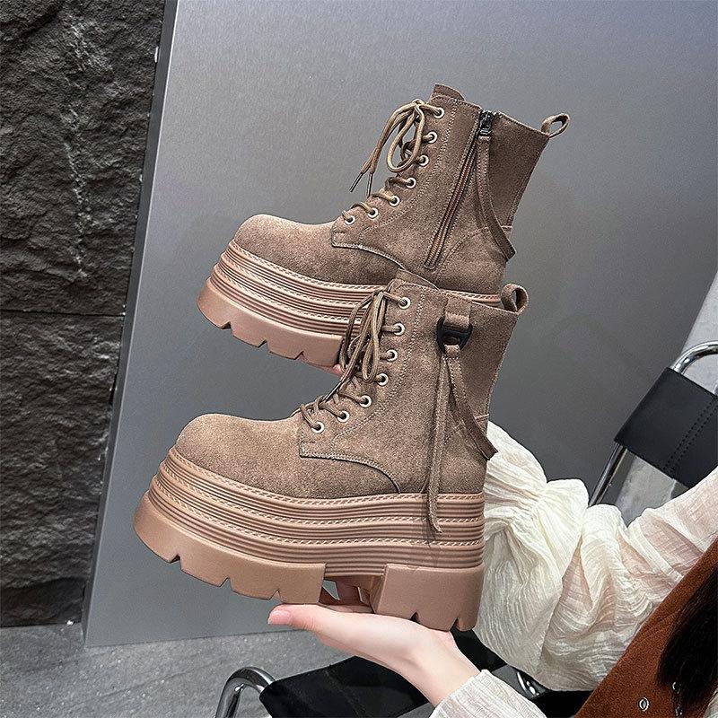 British Martin Boots Women's Autumn and Winter New Single Boots Retro Lace-up Thick-soled Heightening Muffin Thin Short Boots