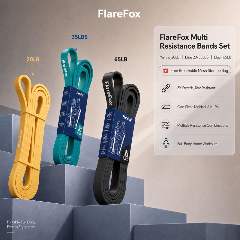 FlareFox Multiple Resistance Bands Set Pull-up Assist Straps Strength Agility Training Handy Gym Equipment for Home CrossFit 3