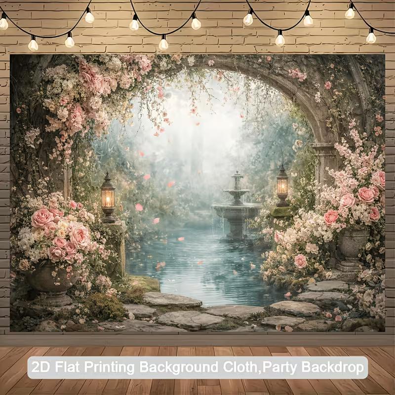 2D Enchanted Misty Garden Backdrop, Stone Gate with Flowers & Lake Background Cloth for Photoshoot 47.2x31.5inch/120*80cm
