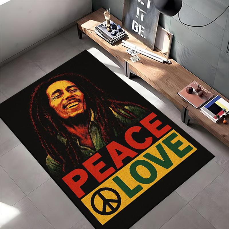 Reggae Music Area Rug, Bob Marley Peace Love Rasta Colours Black Background Print, Reggae Rasta Fan Decor, Non-Slip Mat