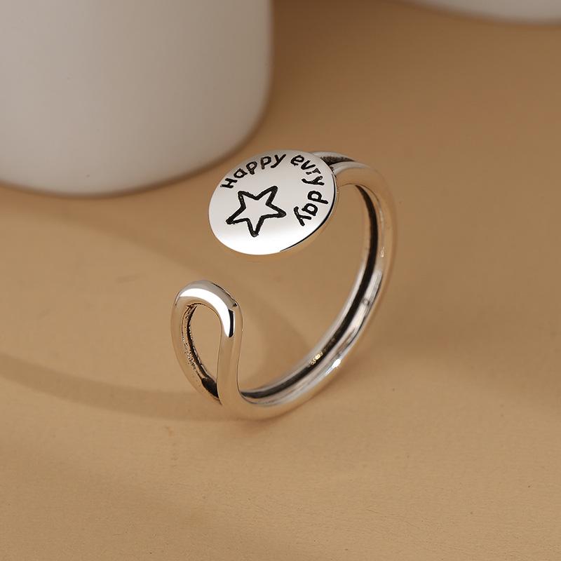 Women's High-end European Style Aged Blackened S925 Sterling Silver Ring with Retro Thai Letter Design