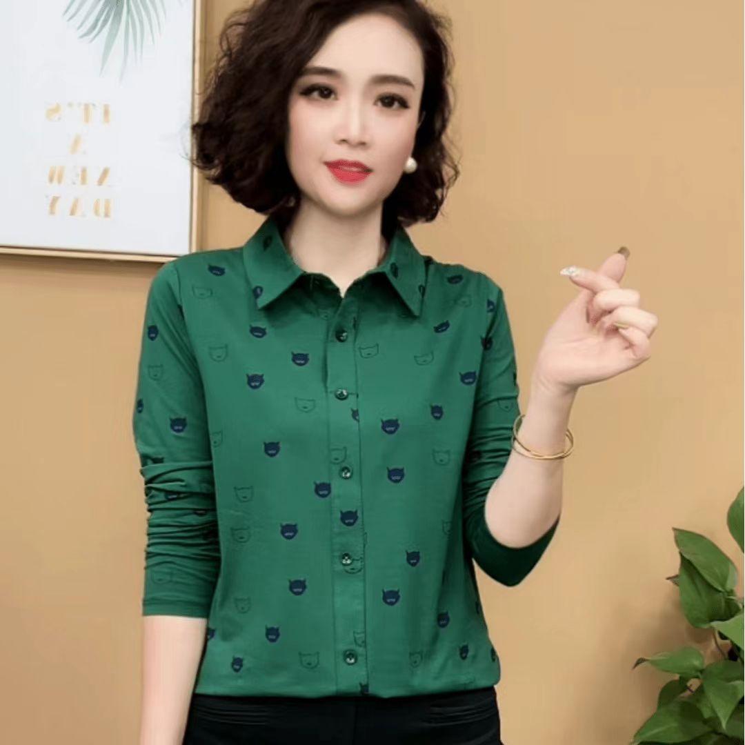 

2025 autumn new shirt women s long-sleeved fashion temperament printed loose and thin lapel women s versatile top 4XL зелений