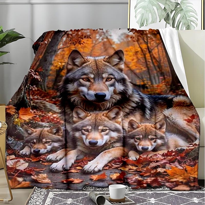 Autumn Wolf Family Fleece Blanket, Wild Animal Throw