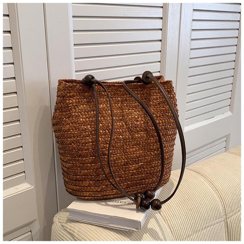 New Wood Bead Straw Straw Woven Bag Women's Woven Bag Shoulder Vacation Beach Bag Women's Large-capacity Tote Bag