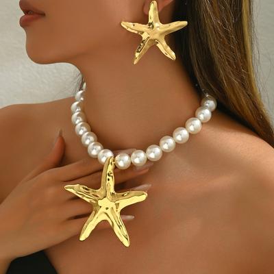 2025 New Women's Earrings Necklace Set Personalized Starfish String Pearl Design Long Clavicle Chain Versatile Earrings