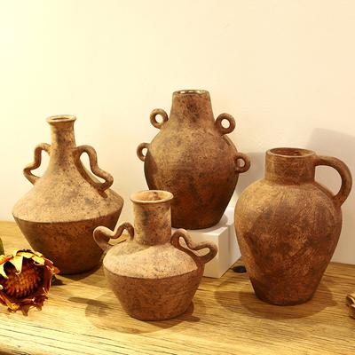 Ceramic Vase Retro Pot Rough Pottery Geometric Handle Flower Vase Flower Arrangement Accessories Flowerpot Home Decoration