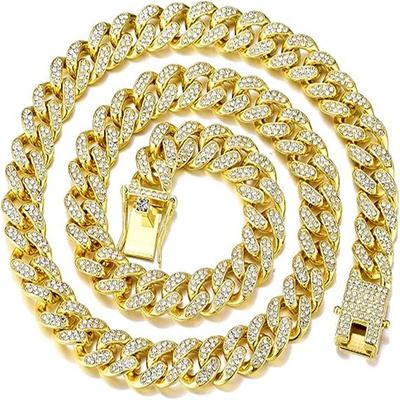 Collana di Tendenza da Uomo e da Donna con Grossa Catena Cubana Dorata Completamente Diamantata - Accessori Hip-Hop Street Dance Rap.