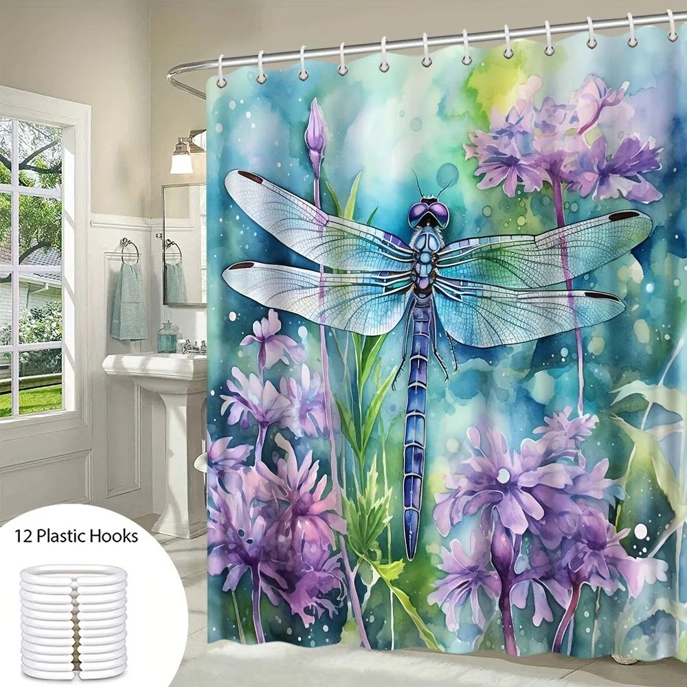 Watercolor Dragonfly Bath Curtain -Vibrant Purple Flowers &Blue Wings;Waterproof Home Decor Adds Artistic Charm To Your Bathroom