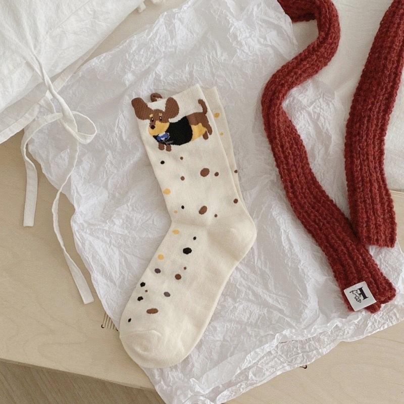 Puppy Embroidered Medium Tube Socks Flanged Cartoon Dachshund Dog Vertical Strip Stacking Socks Cute Niche Socks Women