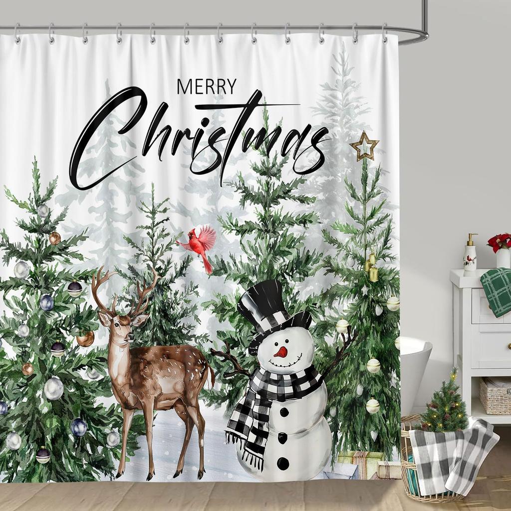 Farmhouse Christmas Forest Shower Curtain Set with Snowy Pine Tree Deer Cardinal Pattern, Rustic Winter Woodland  Bathroom Decor