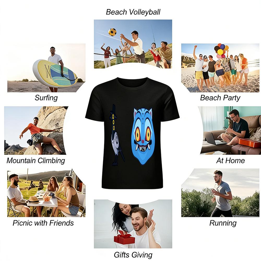 Weird Three-eyed Crow & Fanged Blue Cat Print T-shirts Unisex Trendy Casual Tees Pure cotton T-shirt