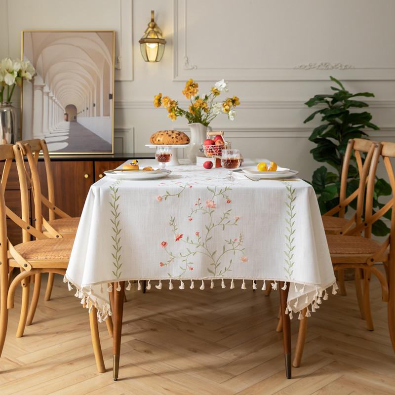 Cross-border Embroidered Plaid Floral Tassel Tablecloth for Coffee & Dining Tables