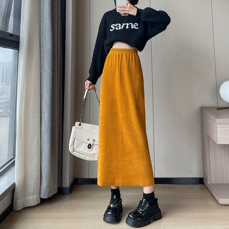 Kaffee-Cordripp-Midi-Rock mit Schlitz - High-Waist Schlankmacher (Koreanischer Stil, Herbst/Winter)