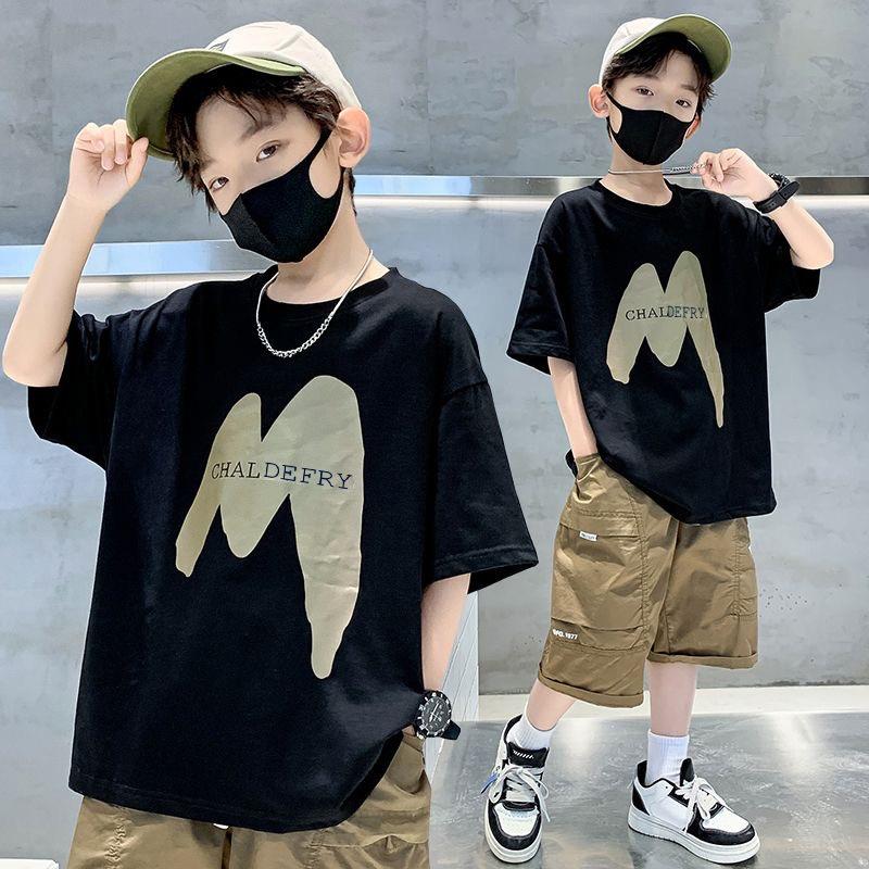 Boys' Short Sleeved T-shirt Children's T-shirt Loose Letter Round Neck Top Summer Children's Clothing