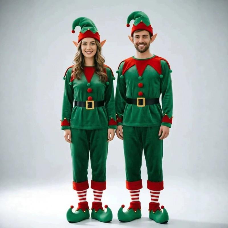 Unisex Velvet Elf Costume Set Christmas Party Cosplay Holiday Performance Green