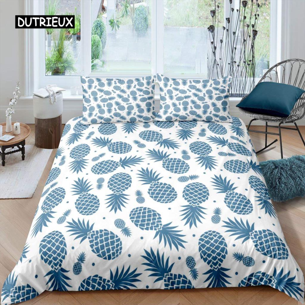Pineapple Duvet Cover Set King Size Yellow Geometric Pineapple Bedding Set Seaside Beach Theme Fruit Printed Comforter Cover