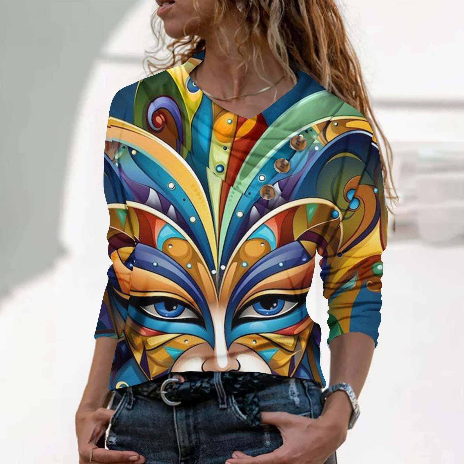 

Женская повседневная рубашка с длинными рукавами и V-образным вырезом на пуговицах с модной футболкой с принтом M синий