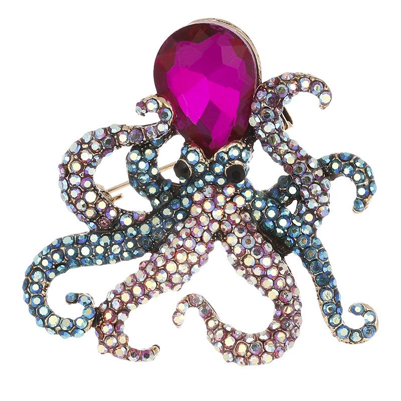 European-American Octopus Brooch: Unique, Colorful Rhinestone Design, Unisex High-End Alloy Ocean Animal Accessory