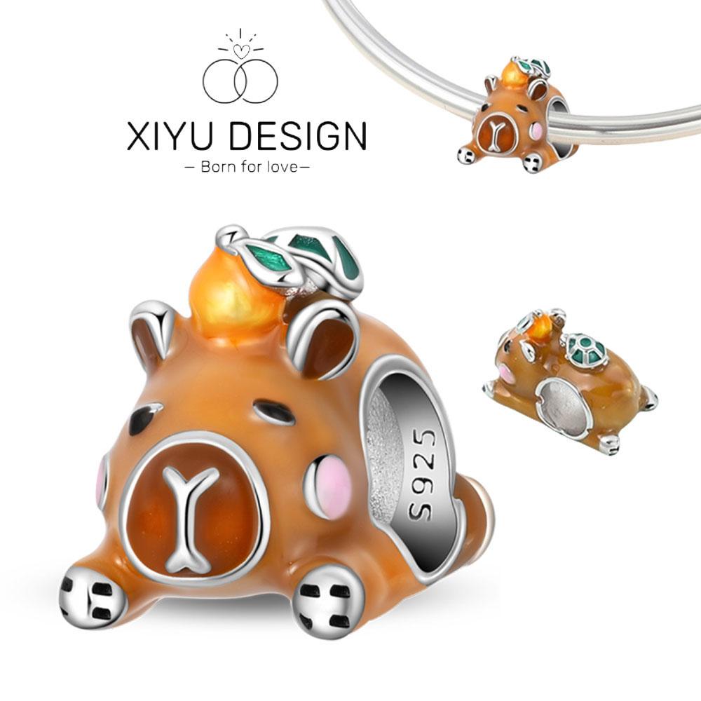 Cute Pet Series Capybara Couples Charms Eat Fruit Beads Fit Diy Copper Bracelet Necklace Women Anniversary Jewelry Gift