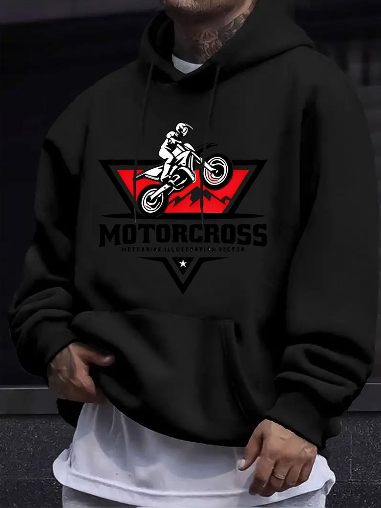 American Western Style Unisex Autumn Winter Print Hooded Long Sleeve Sweatshirt, Off-Road Motorcycle Racer Print Hoodie, Enthusiast'S Hardcore Casual