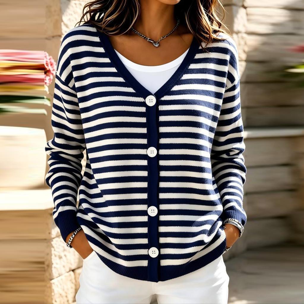 Women's Striped V-Neck Single-Breasted Lightweight Knit Cardigan Loose Fit
